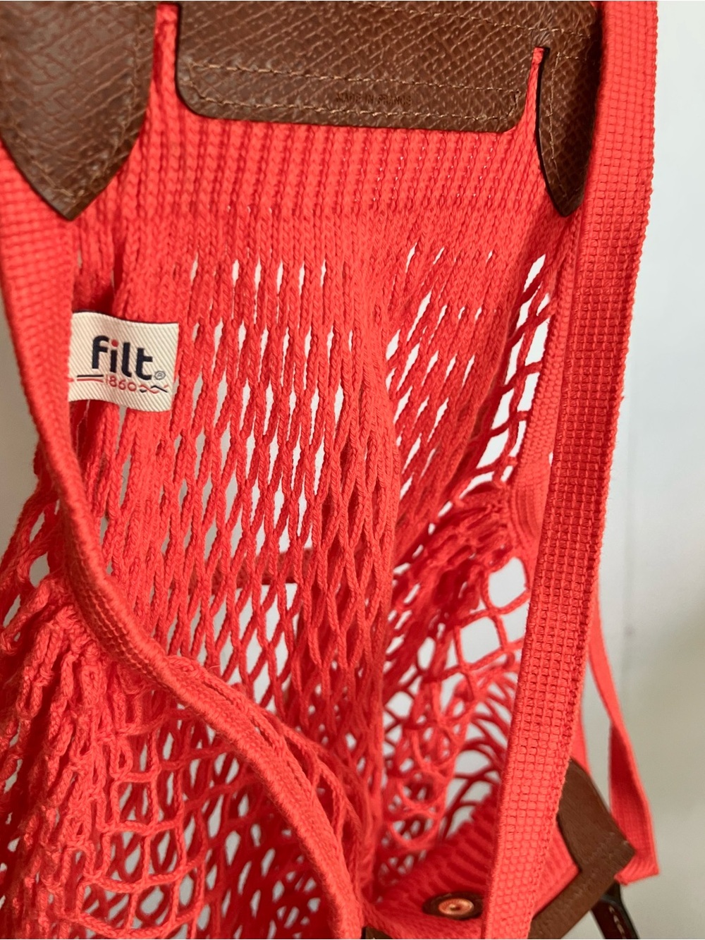 Longchamp Le Pliage Large Filet Filt Mesh Net Shoulder Sac Bag Orange Red - Picture 6 of 6